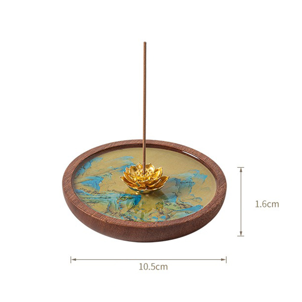 Alloy Golden Lotus Wooden Incense Holder With Mountain Art
