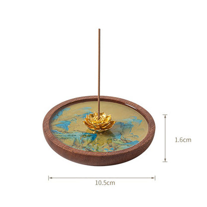 Alloy Golden Lotus Wooden Incense Holder With Mountain Art