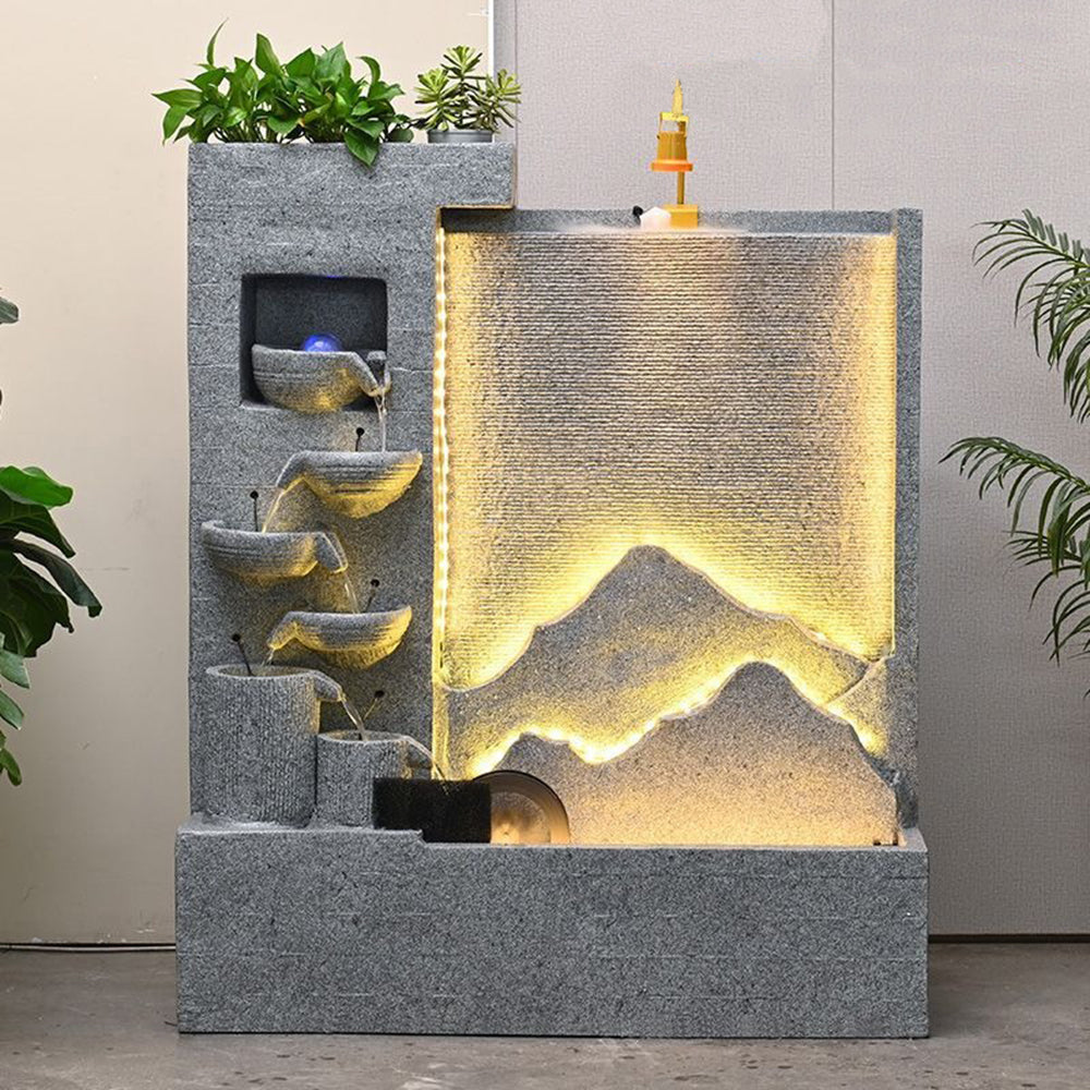 Gray Stone Mountainscape Waterfall Feature For Indoor