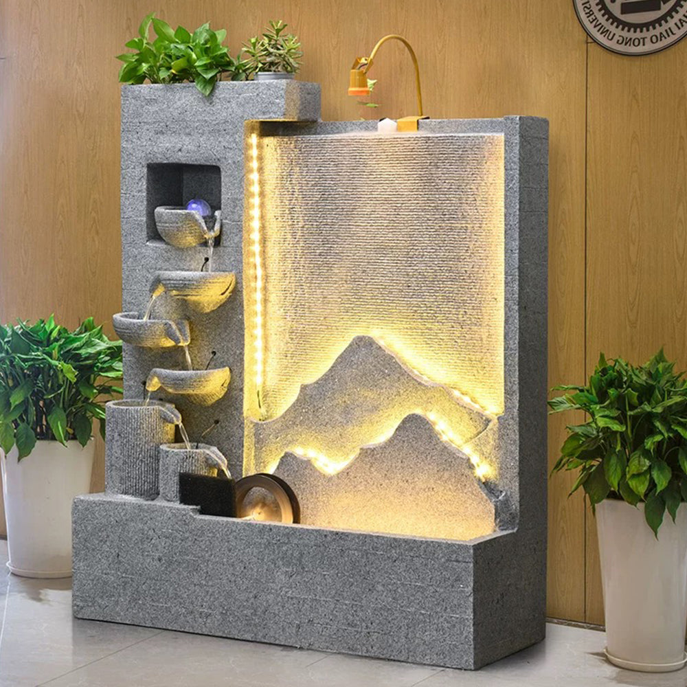 Gray Stone Mountainscape Waterfall Feature For Indoor