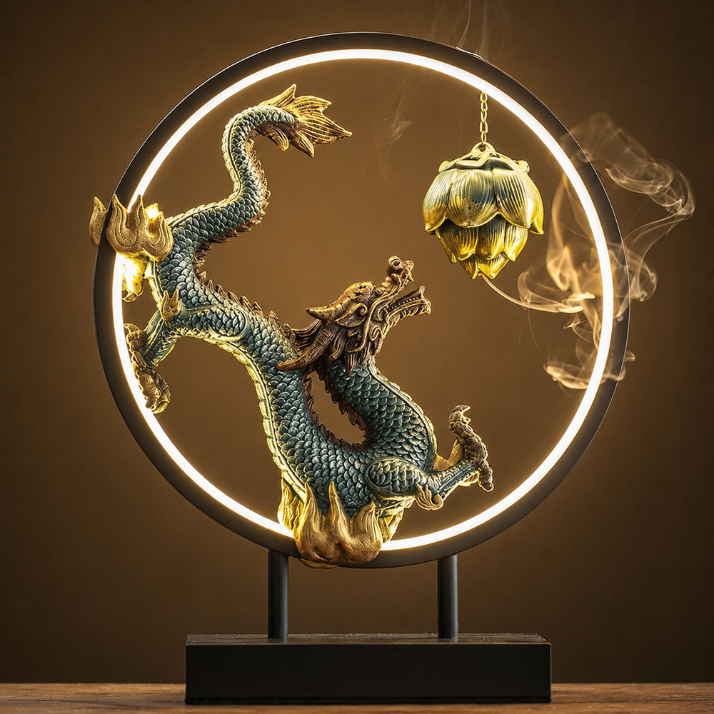 Illuminated Dragon With Lotus Incense Burner