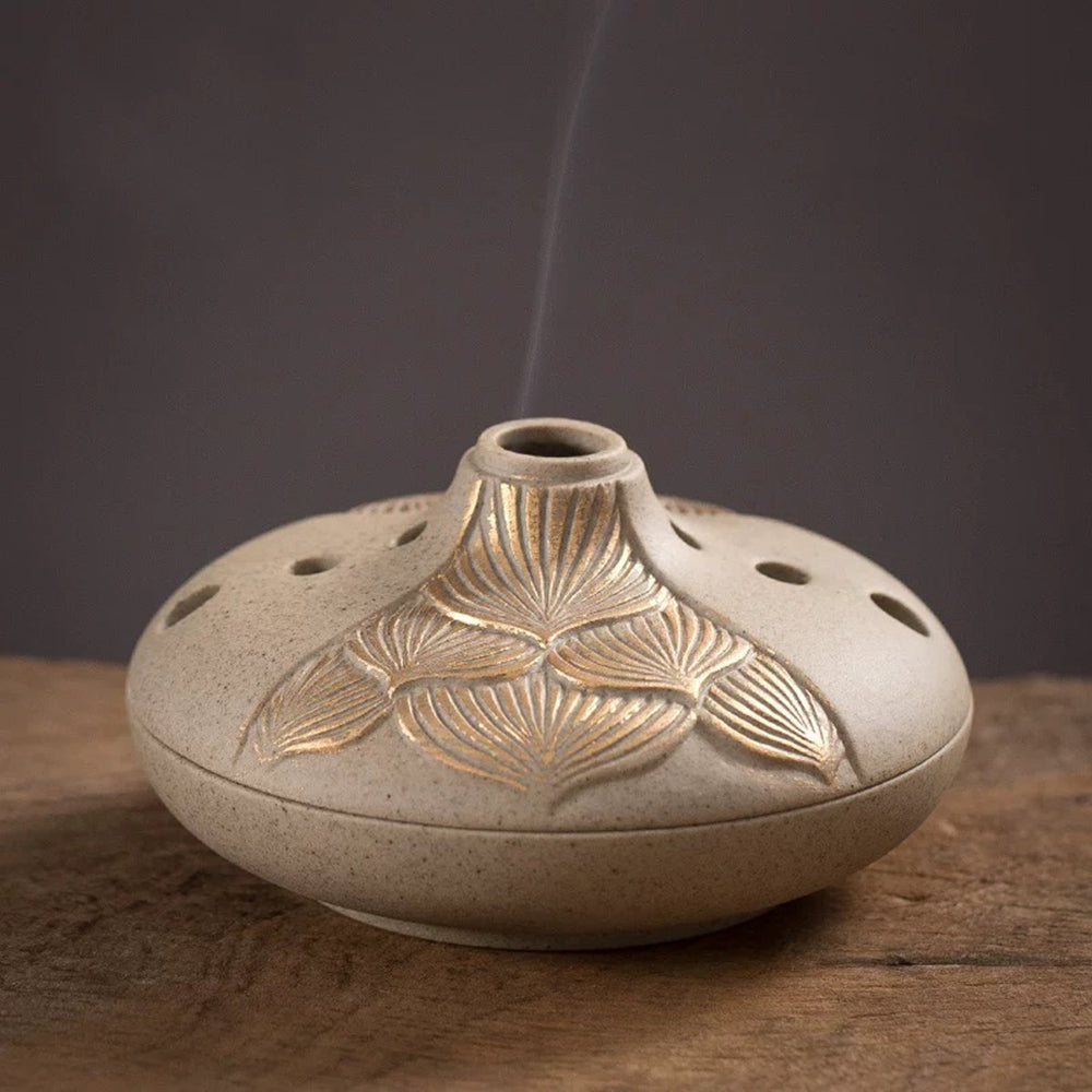 Coarse Pottery Japanese Style Incense Burner With Golden Lotus