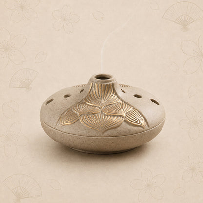 Coarse Pottery Japanese Style Incense Burner With Golden Lotus