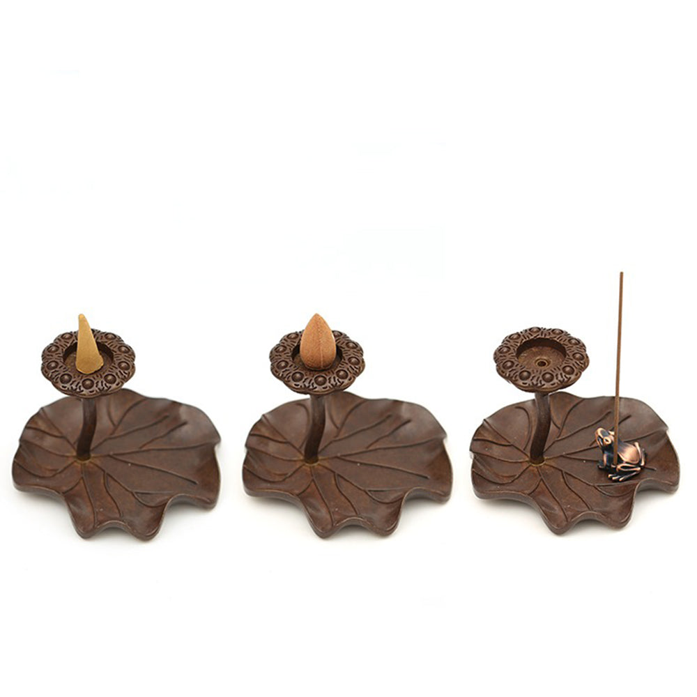 Lotus Themed Brass Incense Holder With Flog Ornament