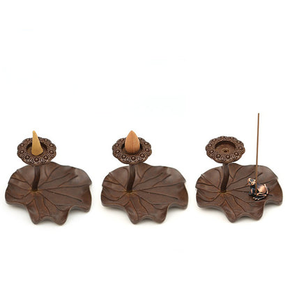 Lotus Themed Brass Incense Holder With Flog Ornament