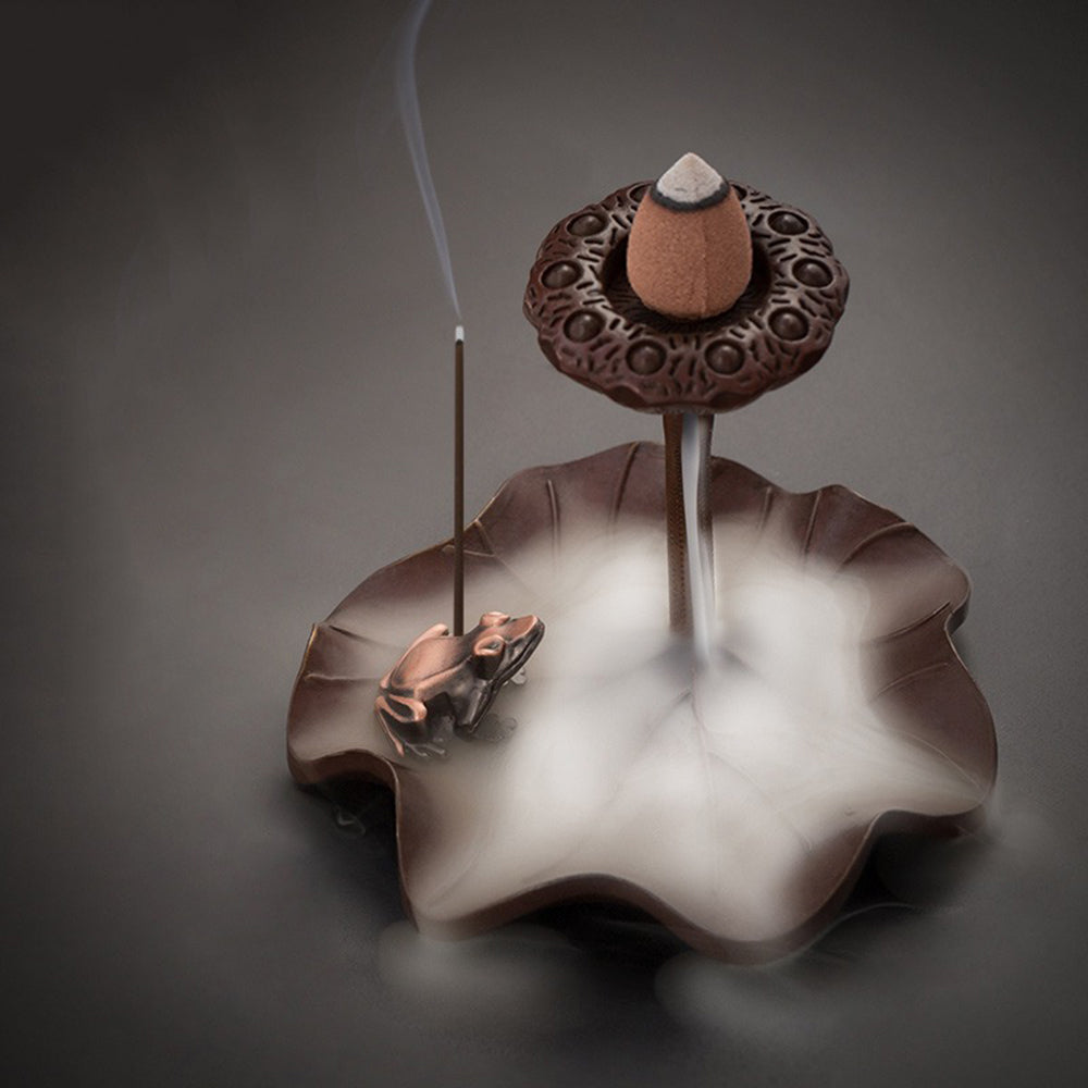Lotus Themed Brass Incense Holder With Flog Ornament