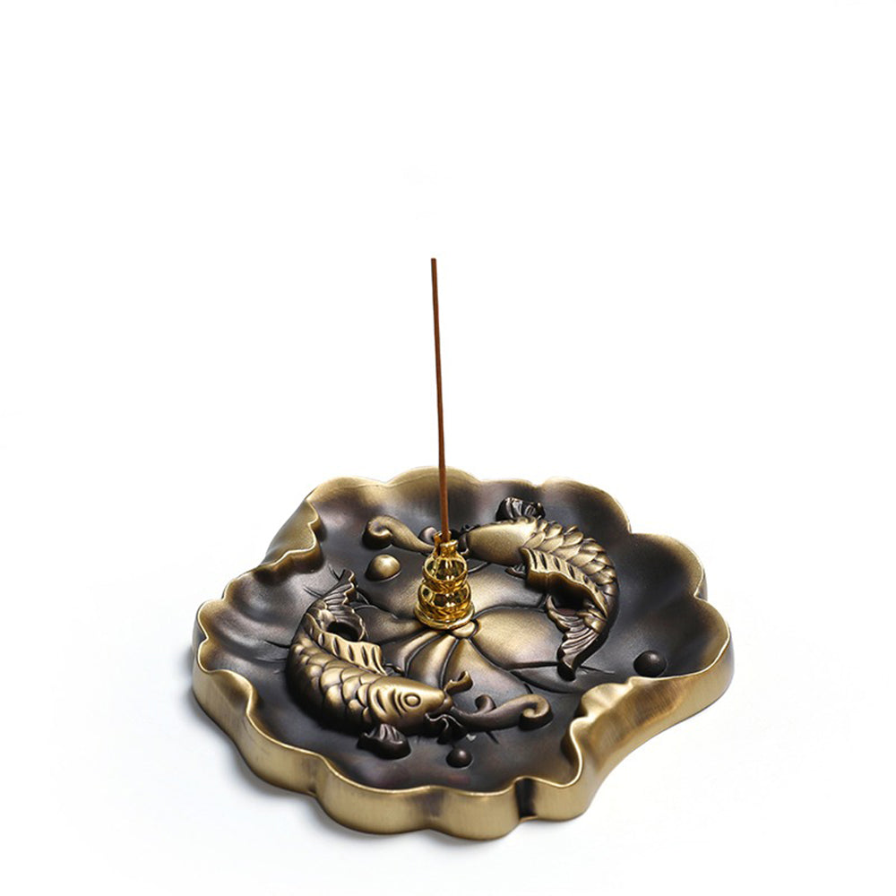 Lotus Leaf Shaped Brass Incense Holder With Koi Fish