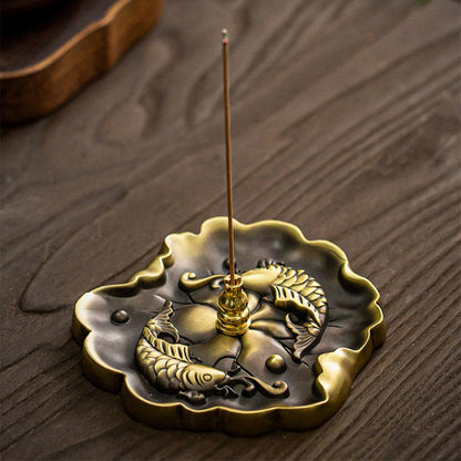Lotus Leaf Shaped Brass Incense Holder With Koi Fish