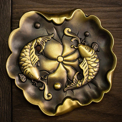 Lotus Leaf Shaped Brass Incense Holder With Koi Fish