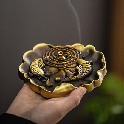 Lotus Leaf Shaped Brass Incense Holder With Koi Fish