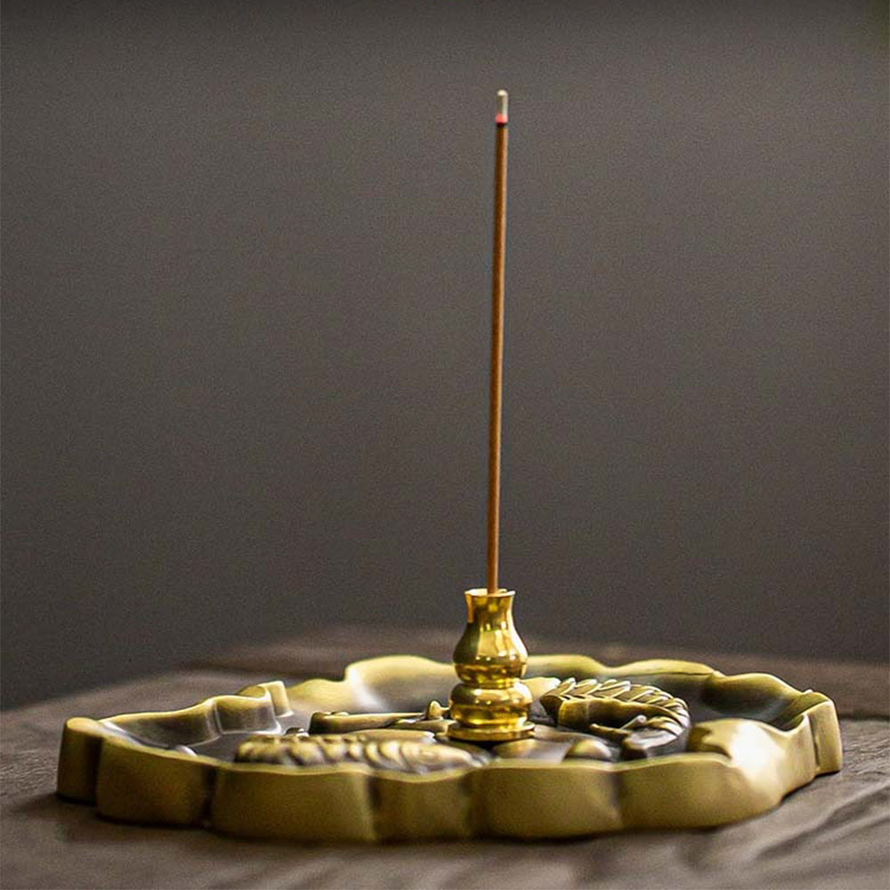 Lotus Leaf Shaped Brass Incense Holder With Koi Fish