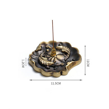 Lotus Leaf Shaped Brass Incense Holder With Koi Fish