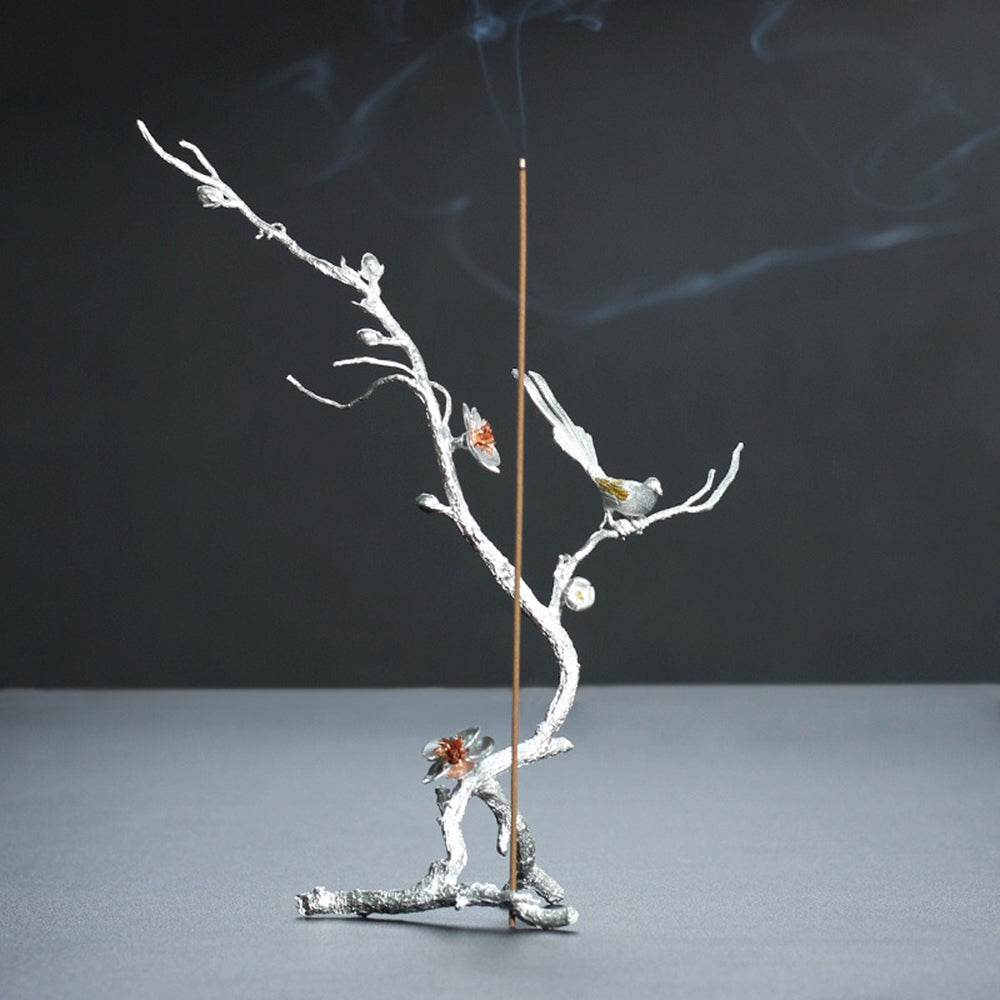 Pure Tin Stick Incense Holder With Magpie