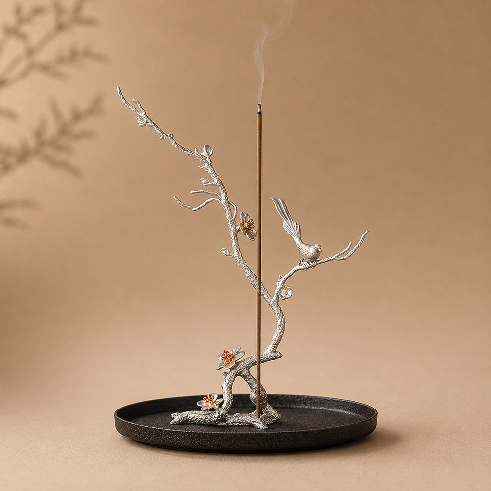 Pure Tin Stick Incense Holder With Magpie