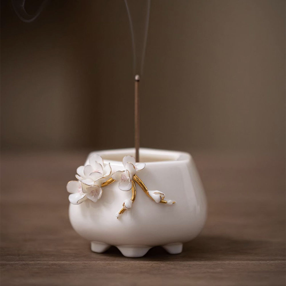 Elegant Flower Embellished Ceramic Incense Holder