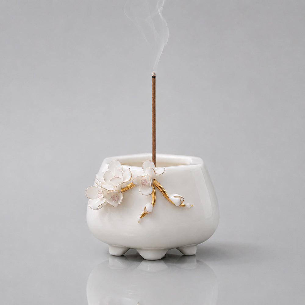 Elegant Flower Embellished Ceramic Incense Holder