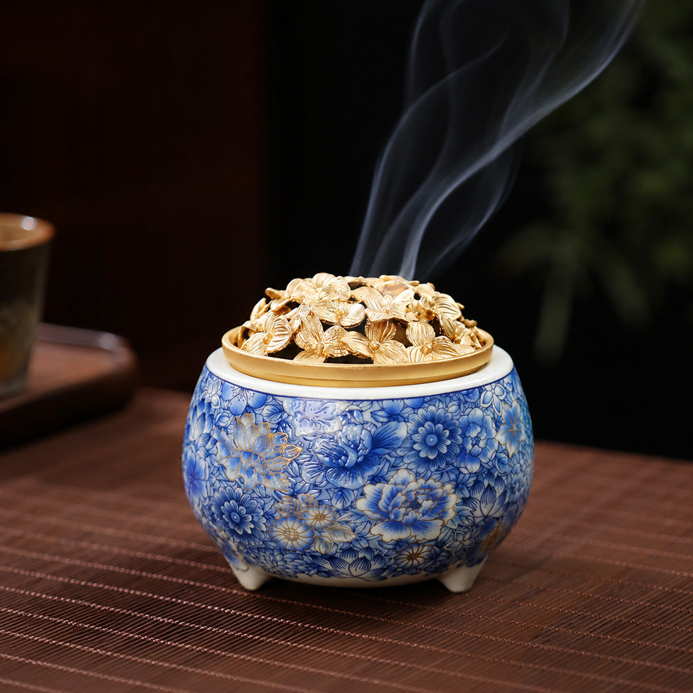 Blue &amp; White Floral Porcelain Incense Burner