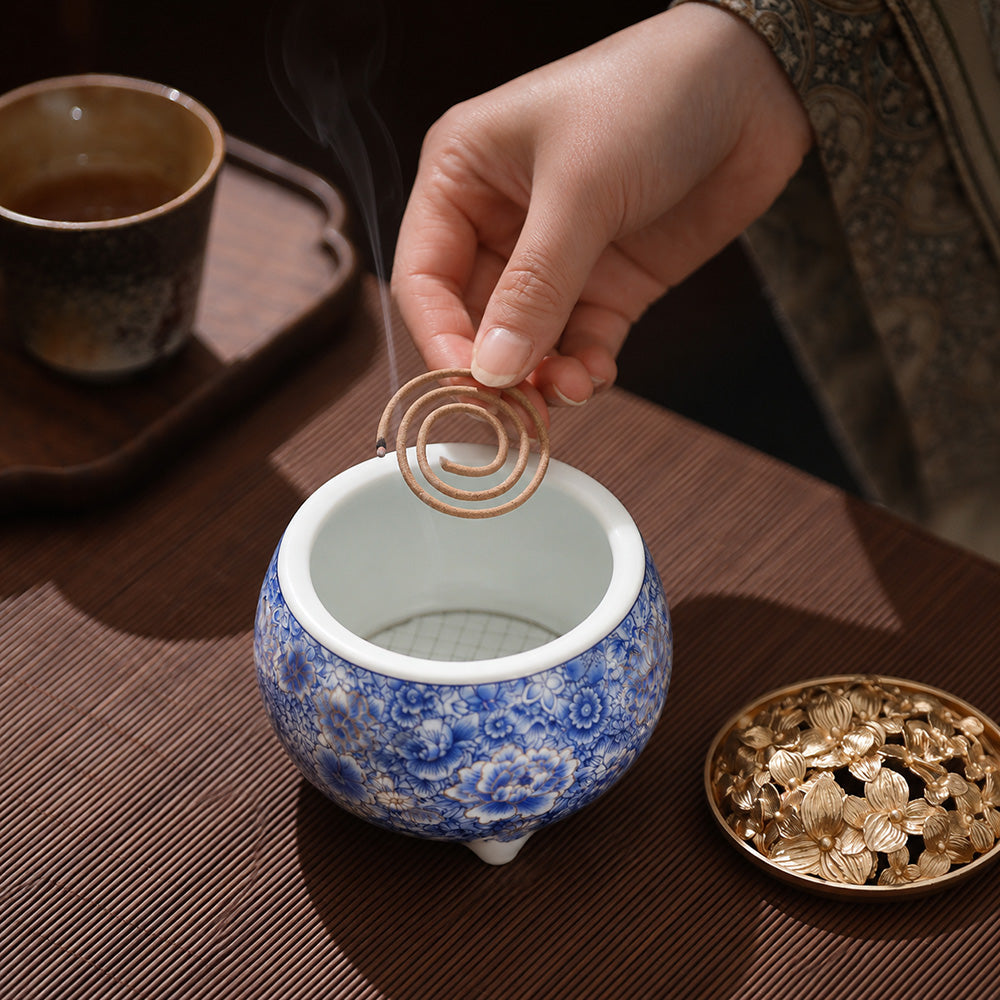 Blue &amp; White Floral Porcelain Incense Burner