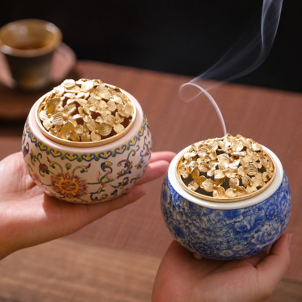 Blue &amp; White Floral Porcelain Incense Burner