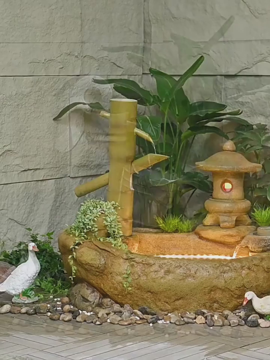 Japanese-Style Bamboo Fountain Waterfall With Idyllic Zen Flowing Water