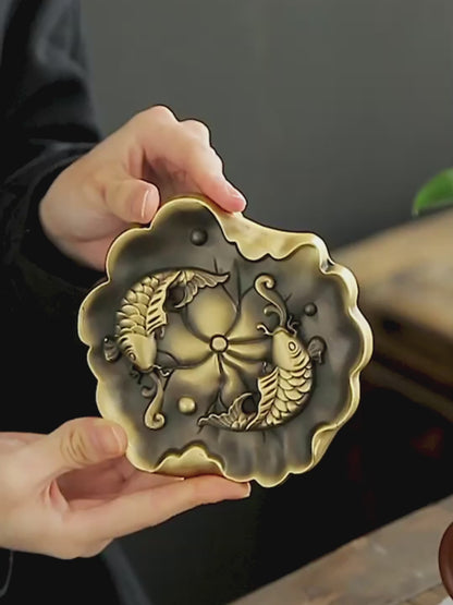Lotus Leaf Shaped Brass Incense Holder With Koi Fish