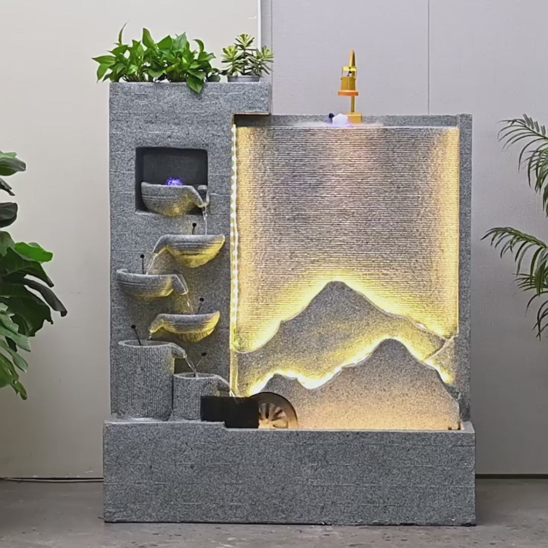 Gray Stone Mountainscape Waterfall Feature For Indoor