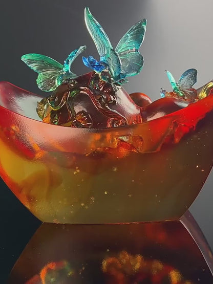 Colored Glass Fortune Ingot With Gourd And Butterfly