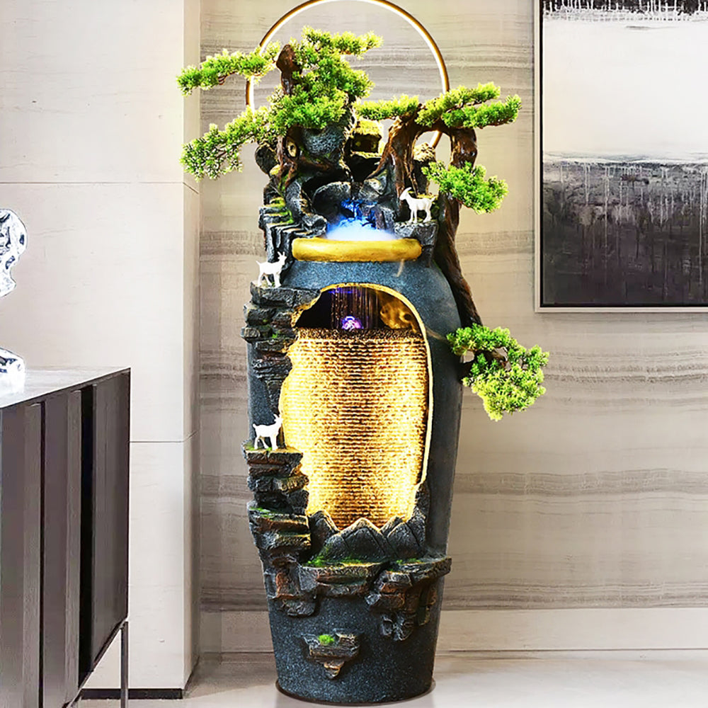 Bailu Zen Flowing Water Waterfall Fountain With Circle Lamp