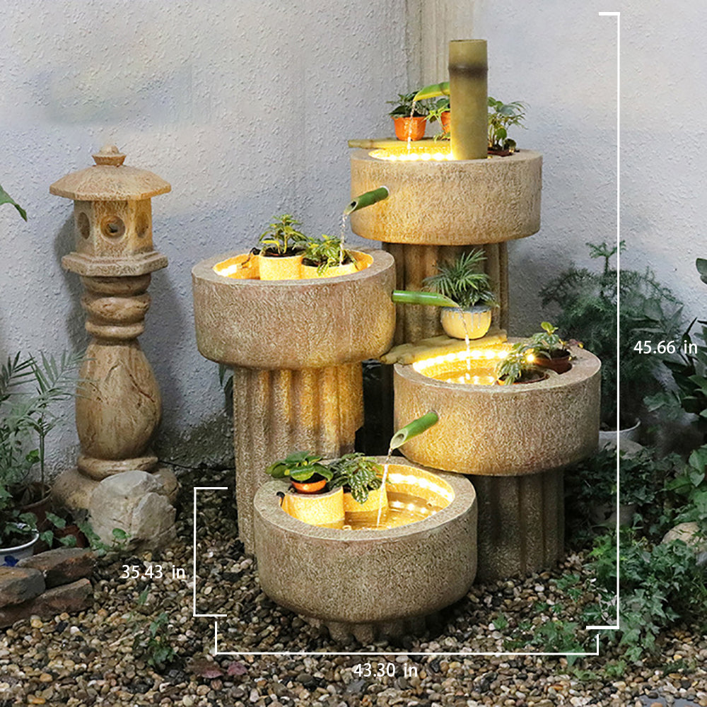 Japanese-Style Bamboo Fountain Waterfall With Idyllic Zen Flowing Water