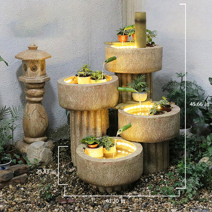 Japanese-Style Bamboo Fountain Waterfall With Idyllic Zen Flowing Water