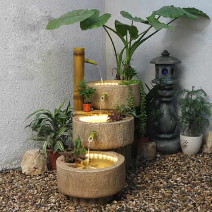 Japanese-Style Bamboo Fountain Waterfall With Idyllic Zen Flowing Water