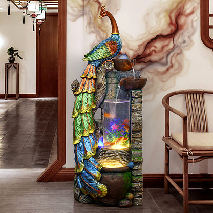 Peacock Rockery Running Water Indoor Waterfall With Fish Tank