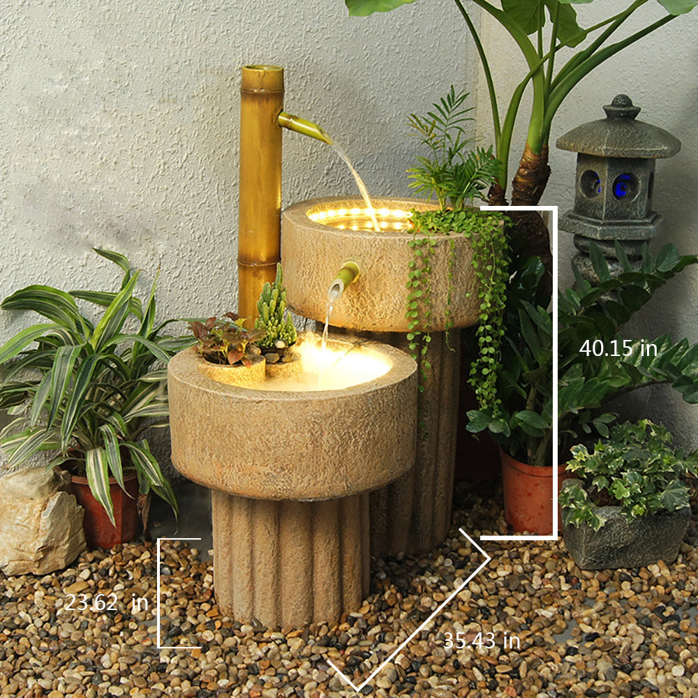 Japanese-Style Bamboo Fountain Waterfall With Idyllic Zen Flowing Water