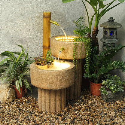 Japanese-Style Bamboo Fountain Waterfall With Idyllic Zen Flowing Water