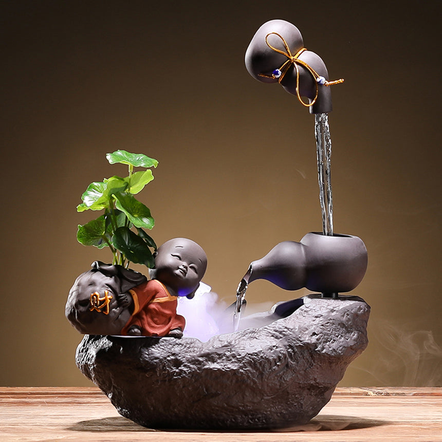Gourds And Little Monk Fountain Incense Burner