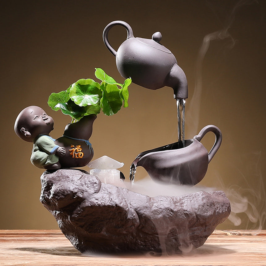 Gourds And Little Monk Fountain Incense Burner