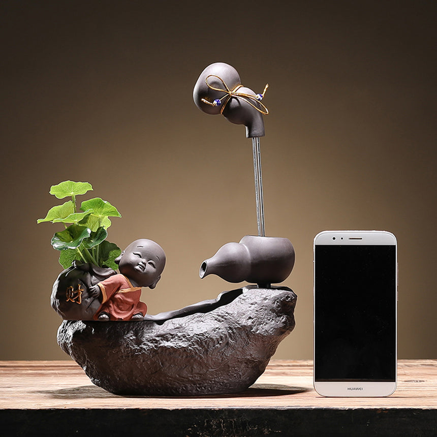 Gourds And Little Monk Fountain Incense Burner