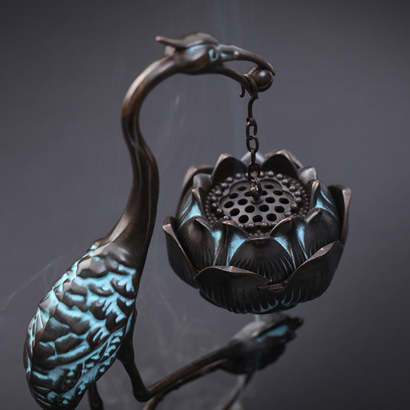 Bronze Crane Hanging Lotus Incense Burner