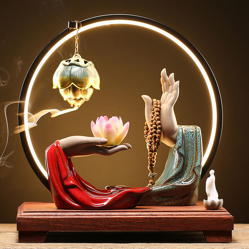 Buddha Hand And Lotus Backflow Incense Burner With LED