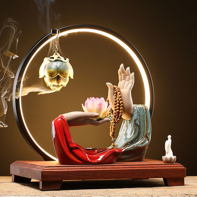 Buddha Hand And Lotus Backflow Incense Burner With LED