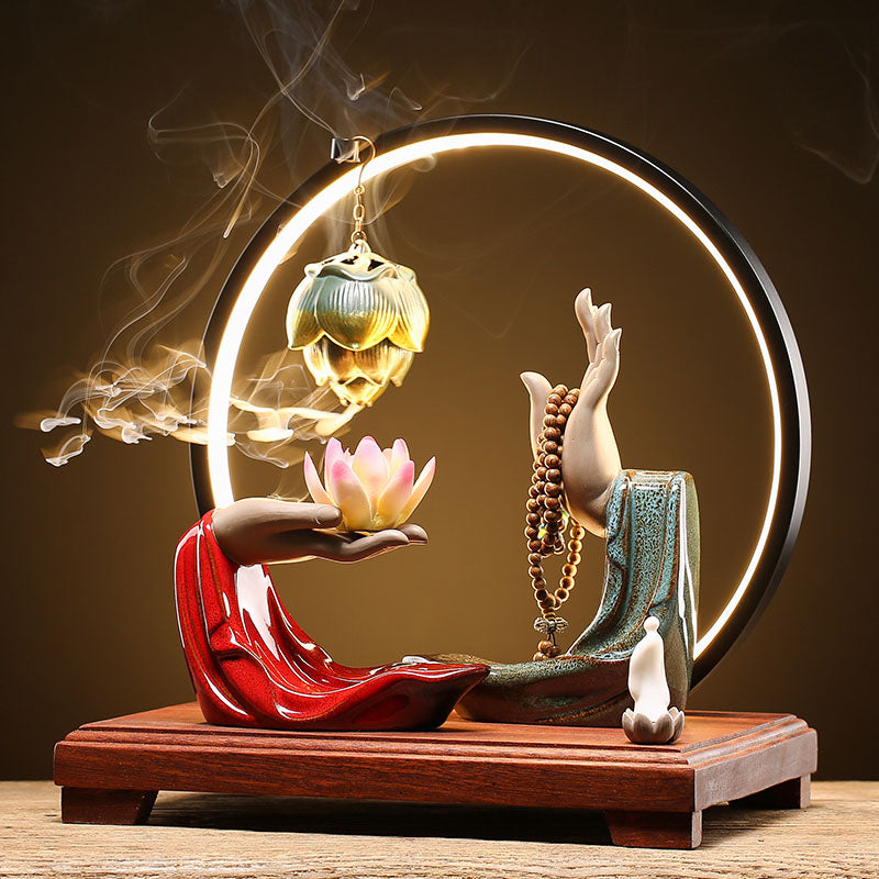 Buddha Hand And Lotus Backflow Incense Burner With LED