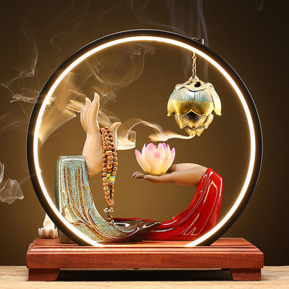 Buddha Hand And Lotus Backflow Incense Burner With LED