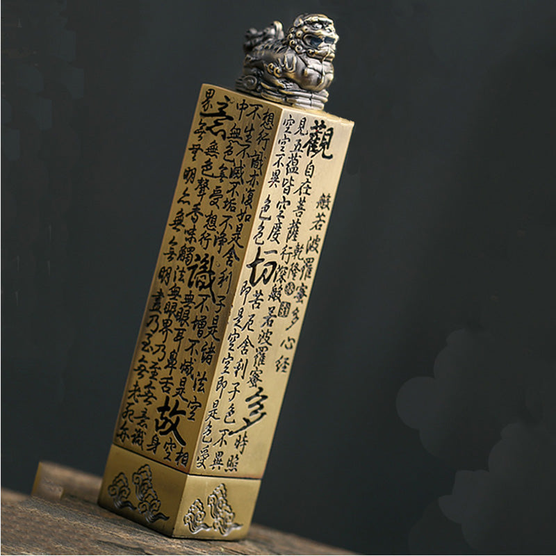 Brass Heart Sutra And Lion Incense Box