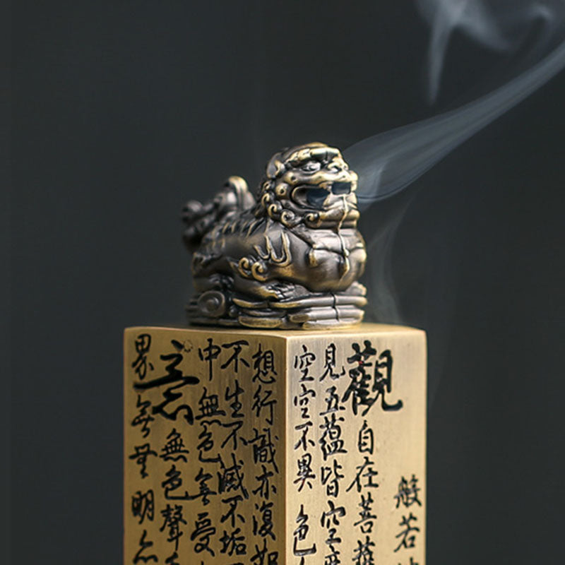 Brass Heart Sutra And Lion Incense Box