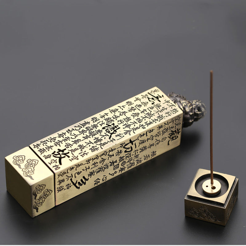 Brass Heart Sutra And Lion Incense Box